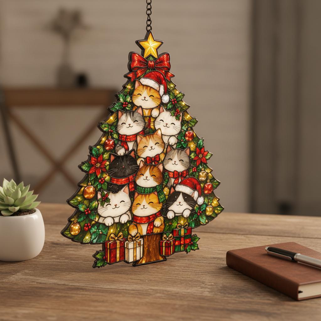 May include: A stained glass-style hanging ornament shaped like a Christmas tree, featuring multiple cats with various fur patterns and colors, some wearing Santa hats and scarves. The tree is decorated with red poinsettias, ornaments, and a yellow star.
