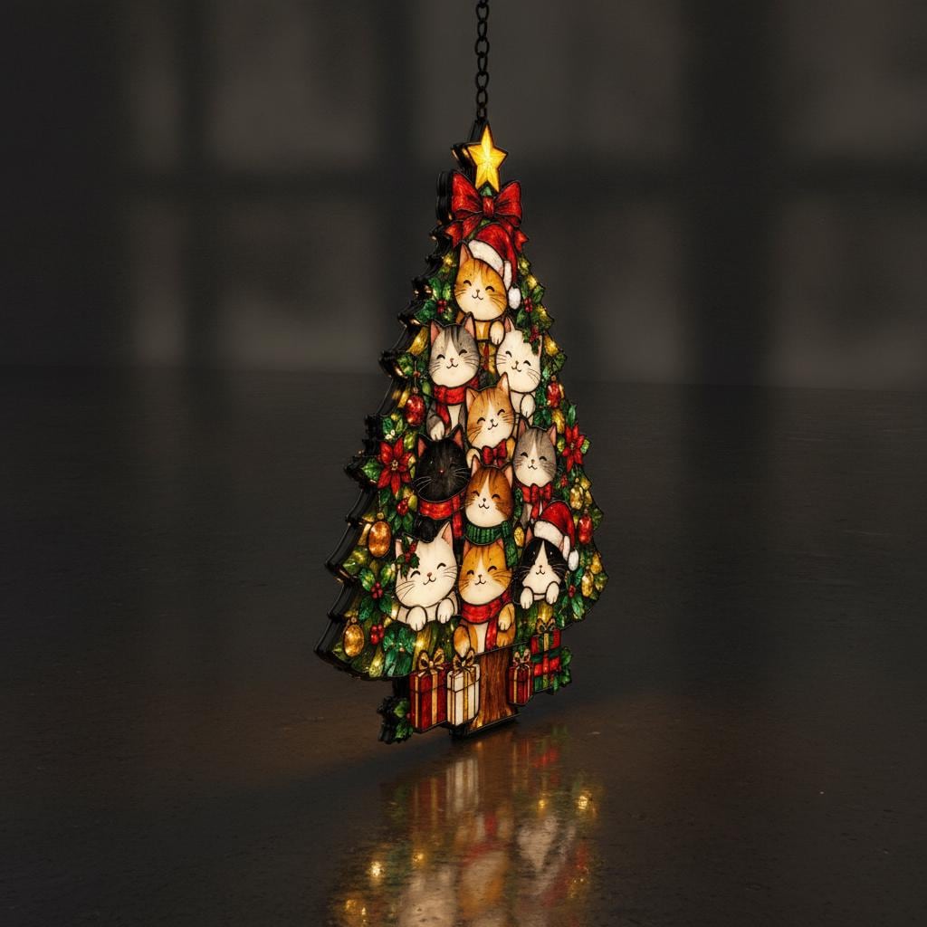 May include: A hanging Christmas tree ornament featuring a stained glass style design with multiple cats peeking through green branches. The tree is decorated with red bows, small gift boxes at the base, and a yellow star at the top, all illuminated.