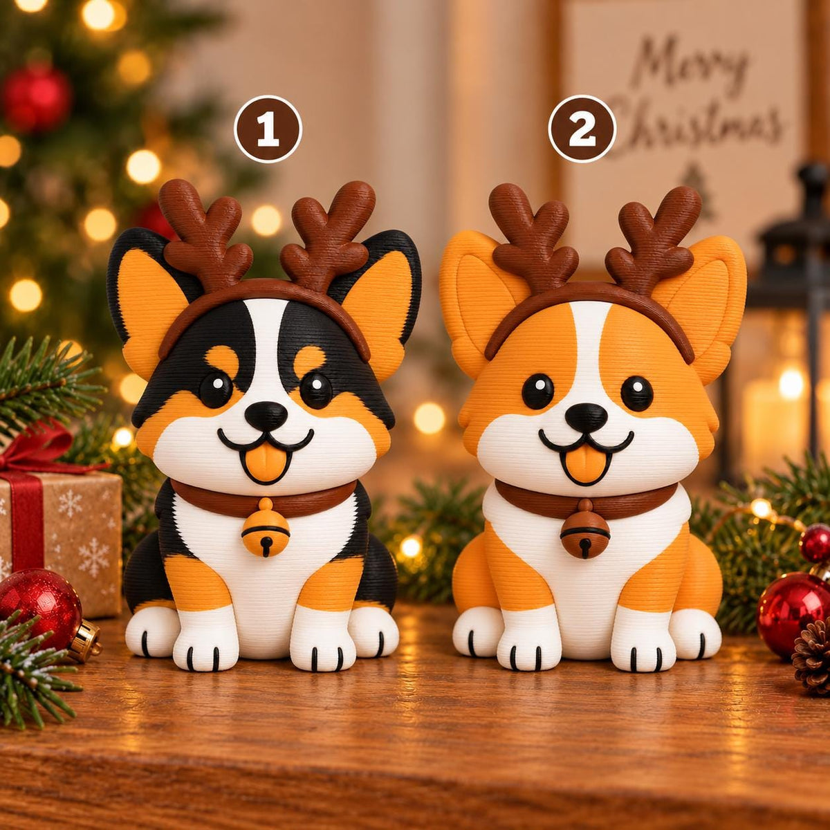 Christmas Corgi with Reindeer Antlers 3D Figurine, Cute Holiday Puppy Statue, Winter Tabletop Decor, Festive Collectible Figurine Gift