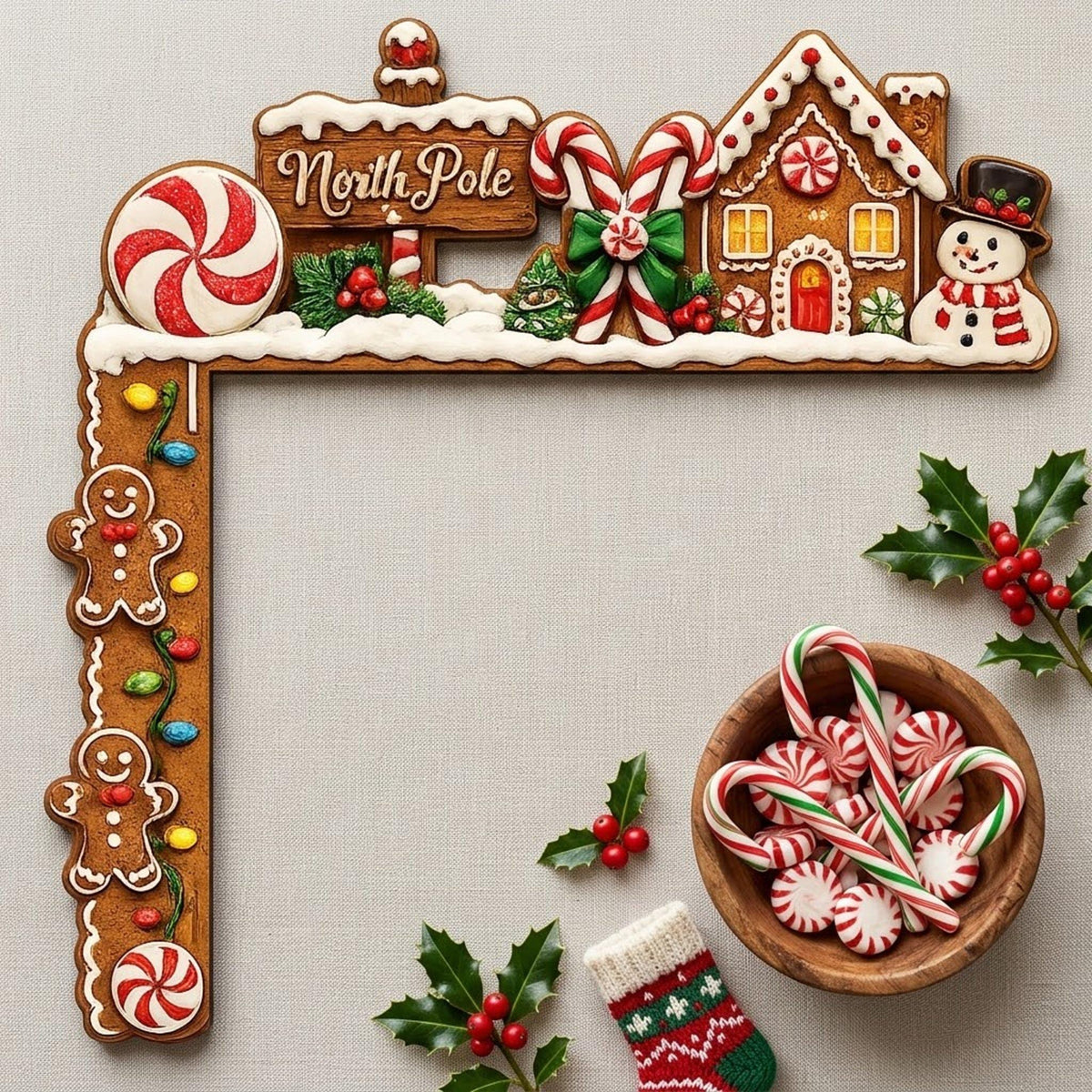May include: An L-shaped gingerbread-style door frame decoration featuring a North Pole sign, a gingerbread house, a snowman, candy canes, and gingerbread men with colorful lights. A wooden bowl filled with candy canes sits nearby.