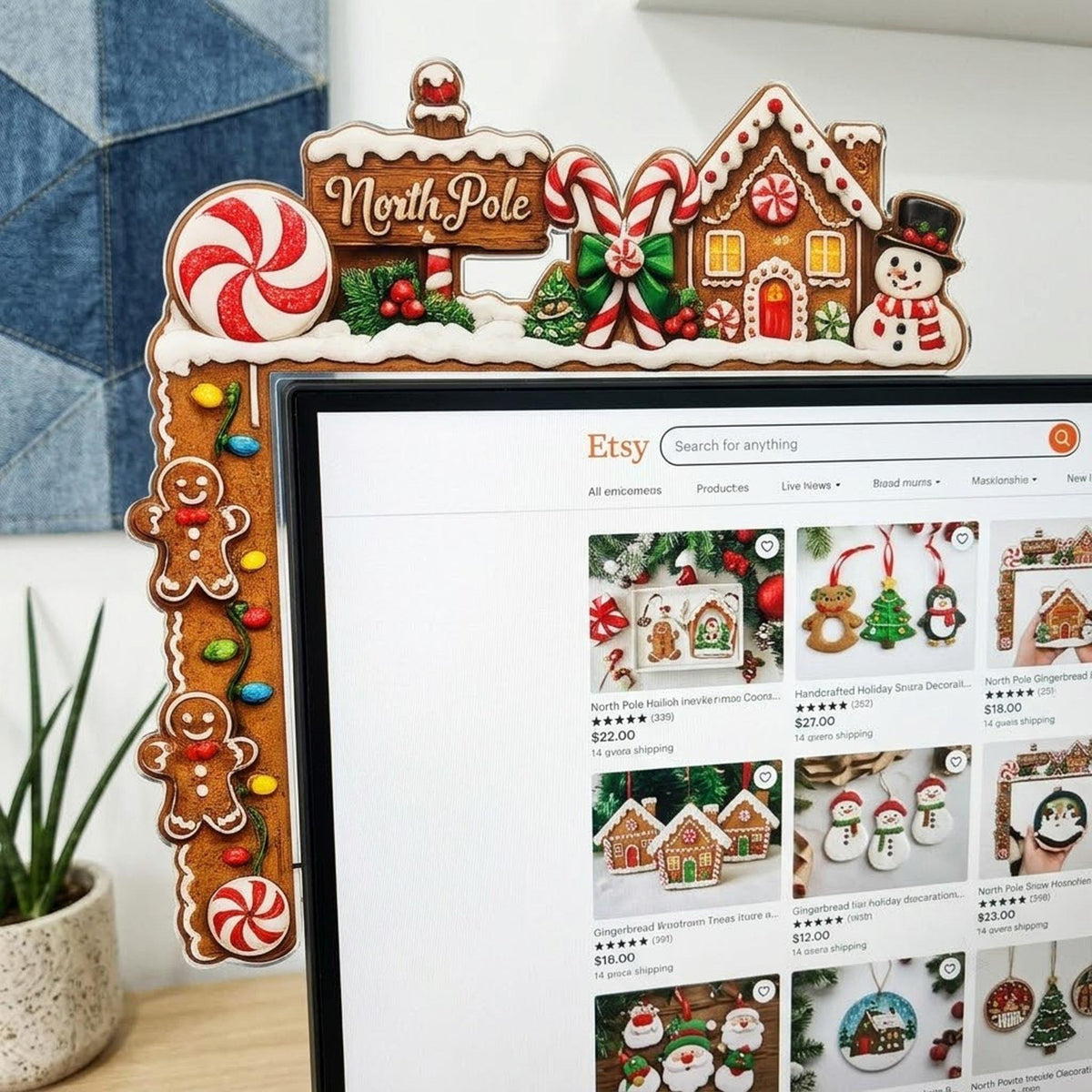 May include: A decorative monitor frame featuring a gingerbread house theme with a North Pole sign, candy canes, peppermint swirls, and gingerbread people. The frame is adorned with colorful Christmas lights and a snowman figure on the right side.