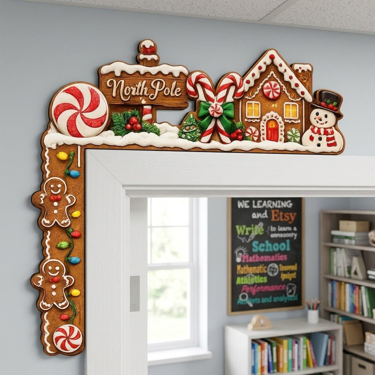 May include: A gingerbread-themed door corner decoration featuring a North Pole sign, a candy cane, a gingerbread house, a snowman, and two gingerbread people. The design includes red and white peppermint candies, green holly, and colorful Christmas lights.