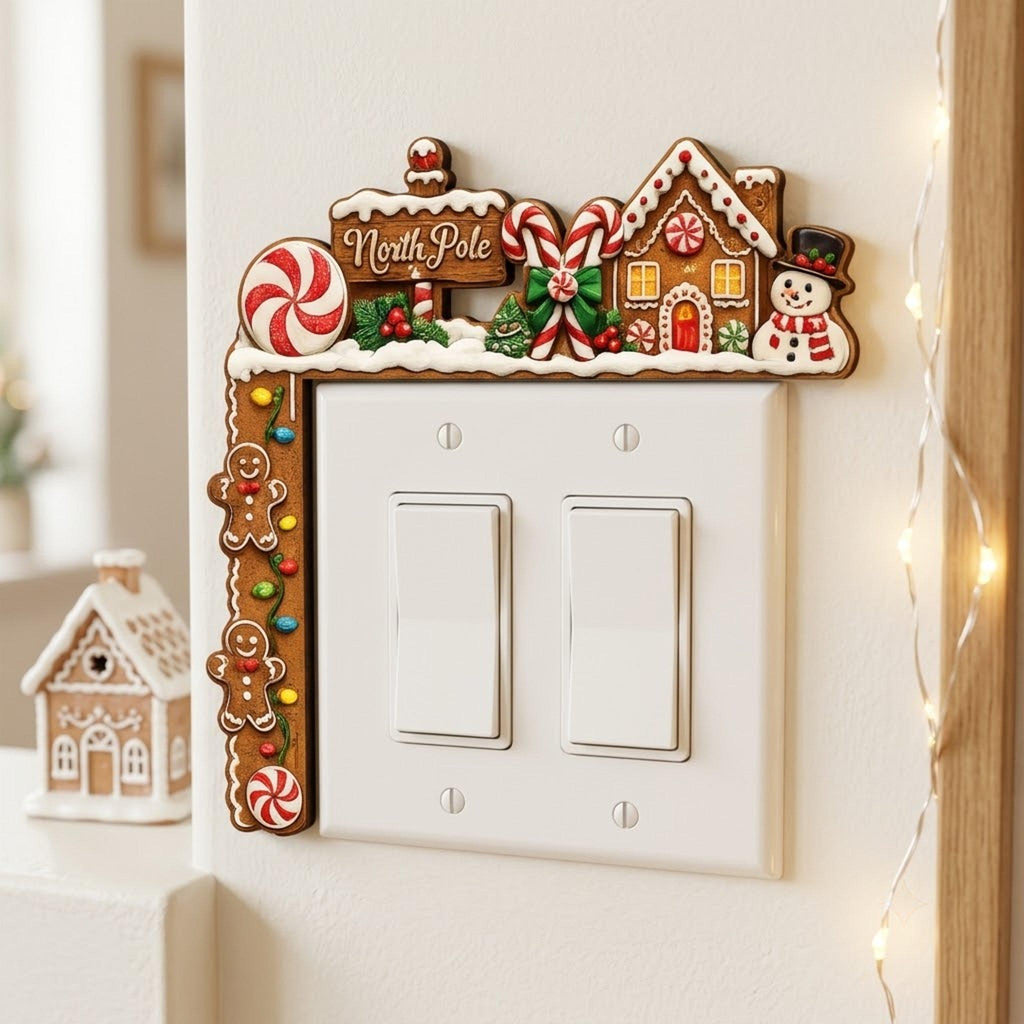 May include: A decorative gingerbread-themed light switch cover featuring a North Pole sign, candy canes, a house, a snowman, and two gingerbread figures. The brown frame accents a white double rocker switch plate with four visible metal screws.