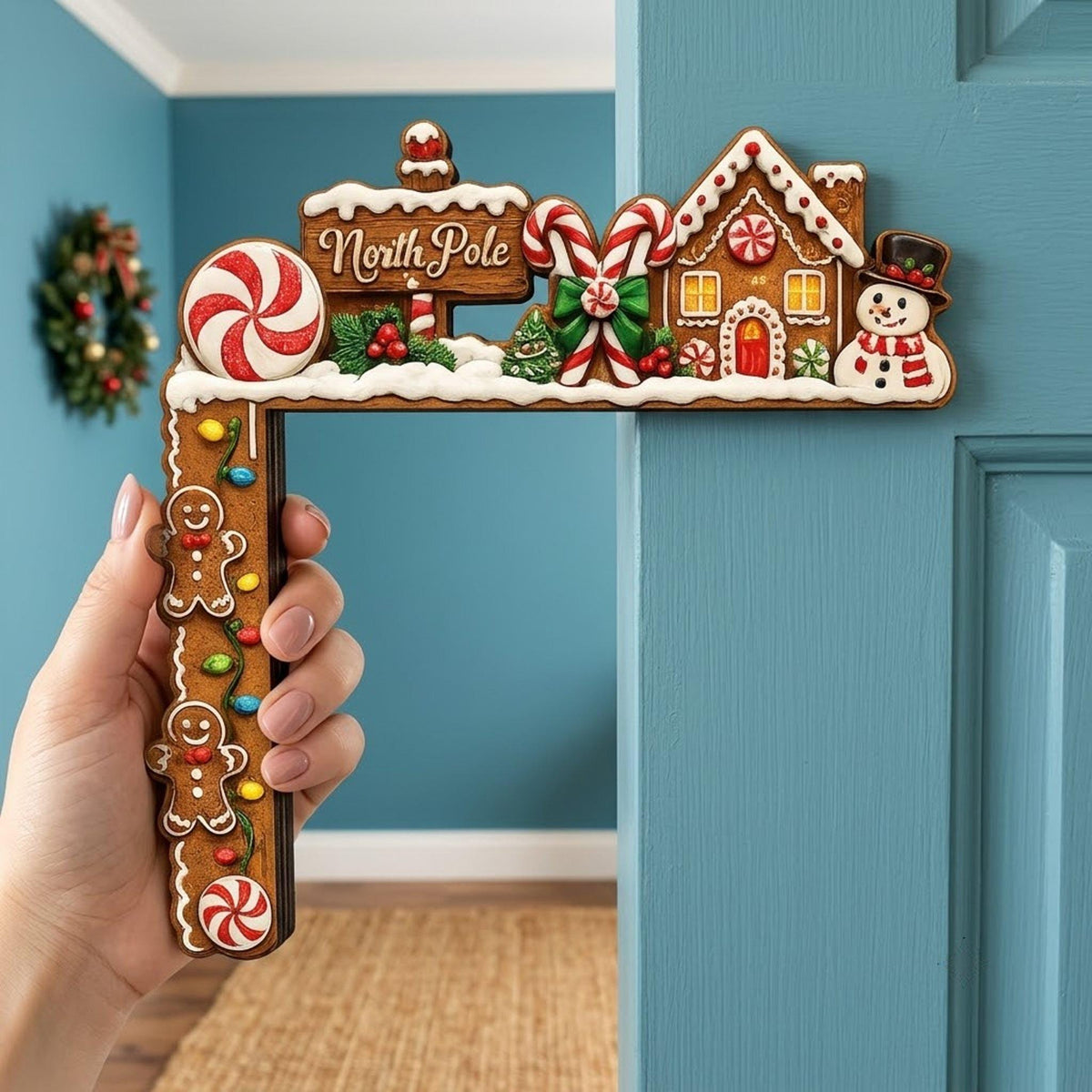 May include: An L-shaped wooden door corner decoration featuring a gingerbread theme. It displays a North Pole sign, candy canes, a gingerbread house, a snowman, and two gingerbread cookies with colorful string lights on a brown background.