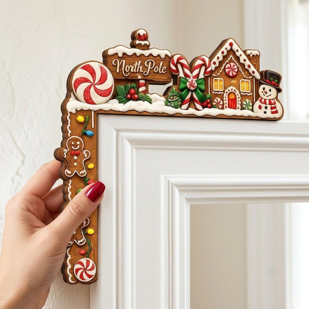 Christmas Corner Door Topper, Gingerbread House Door Decor, Personalized Holiday Corner Sign, Wooden Christmas Frame Decoration