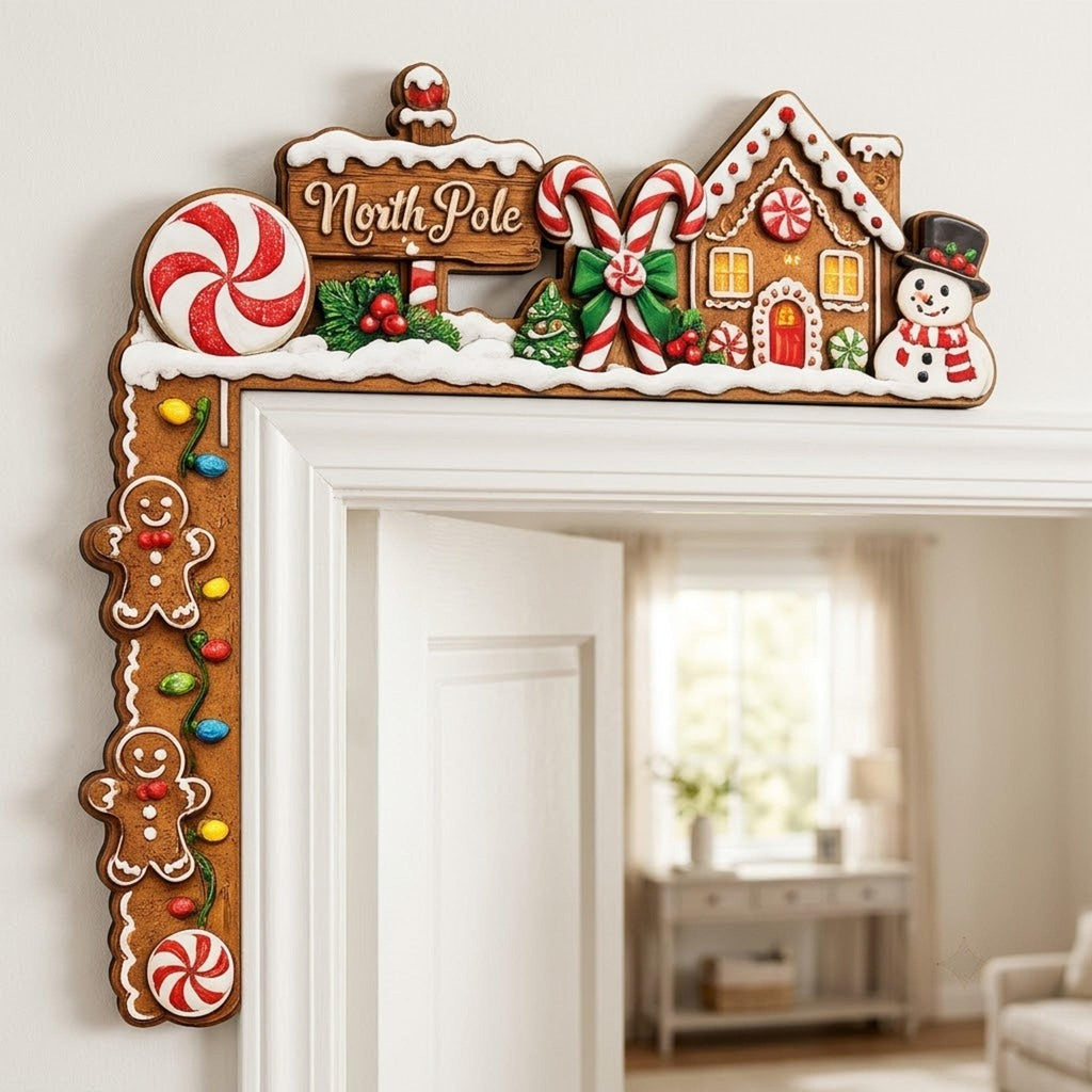 May include: A decorative L-shaped door frame topper featuring a gingerbread theme. The design includes a North Pole sign, a gingerbread house, a snowman, candy canes, peppermint swirls, and two gingerbread cookies with colorful light bulbs.