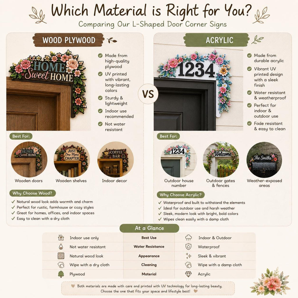 May include: An infographic comparing L-shaped door corner signs made of wood plywood and acrylic. The wood version features floral designs and text like Home Sweet Home, while the acrylic version displays numbers like 1234. Includes feature lists.