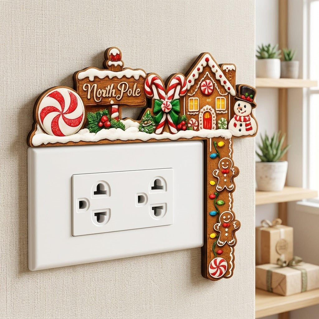 May include: A decorative Christmas-themed light switch cover featuring a gingerbread house, a North Pole sign, candy canes, a snowman, and gingerbread men. The design includes red, white, and green accents with a white electrical outlet plate.