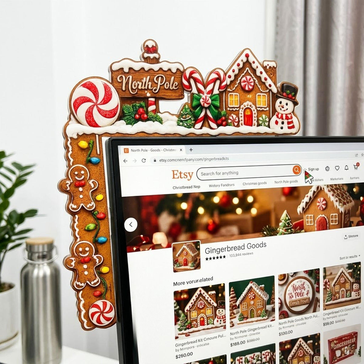 May include: A decorative gingerbread-themed monitor frame featuring a North Pole sign, candy canes, a gingerbread house, a snowman, and peppermint candies. The frame is adorned with gingerbread people and colorful string lights along the side.