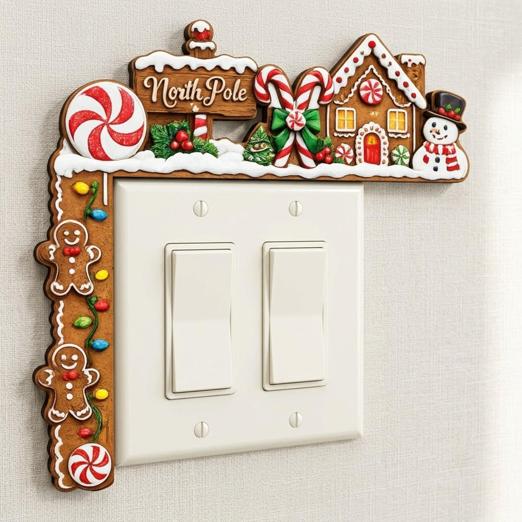 May include: A decorative Christmas-themed light switch cover featuring a gingerbread house, a North Pole sign, candy canes, peppermint swirls, and two gingerbread people. The frame is brown with colorful lights and white icing accents.
