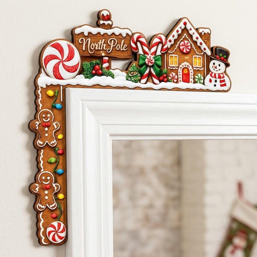 May include: A decorative L-shaped gingerbread-themed door frame topper featuring a North Pole sign, a gingerbread house, a snowman, candy canes, peppermint swirls, and two gingerbread cookies connected by a string of colorful Christmas lights.