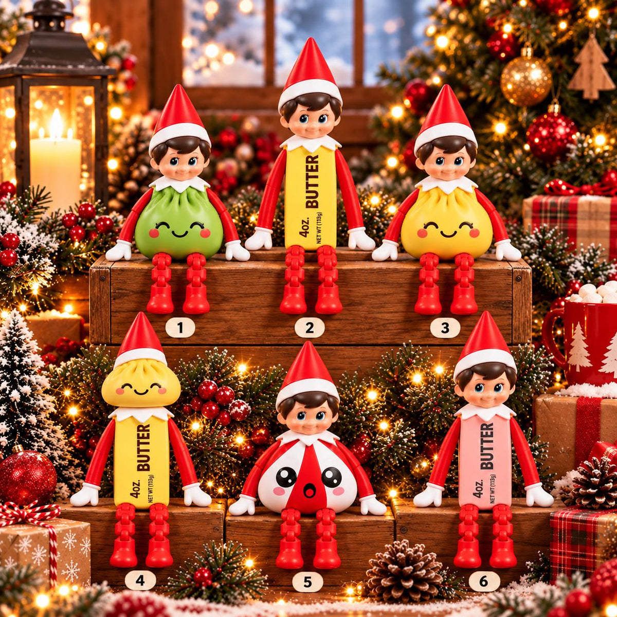 May include: Six elf figurines with red hats and white collars. Three elves have bodies shaped like 4oz butter sticks, one has a green round body, one a yellow round body, and one a red and white striped round body. Each is numbered one through six.