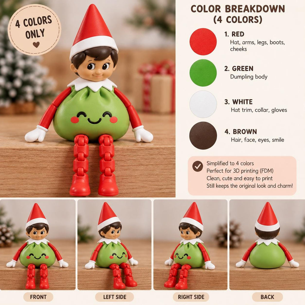 May include: A figurine of a character with a red hat, white collar, green dumpling-shaped body, and red articulated legs with boots. The figure has brown hair, a smiling face, and white gloves. Text includes COLOR BREAKDOWN 4 COLORS.