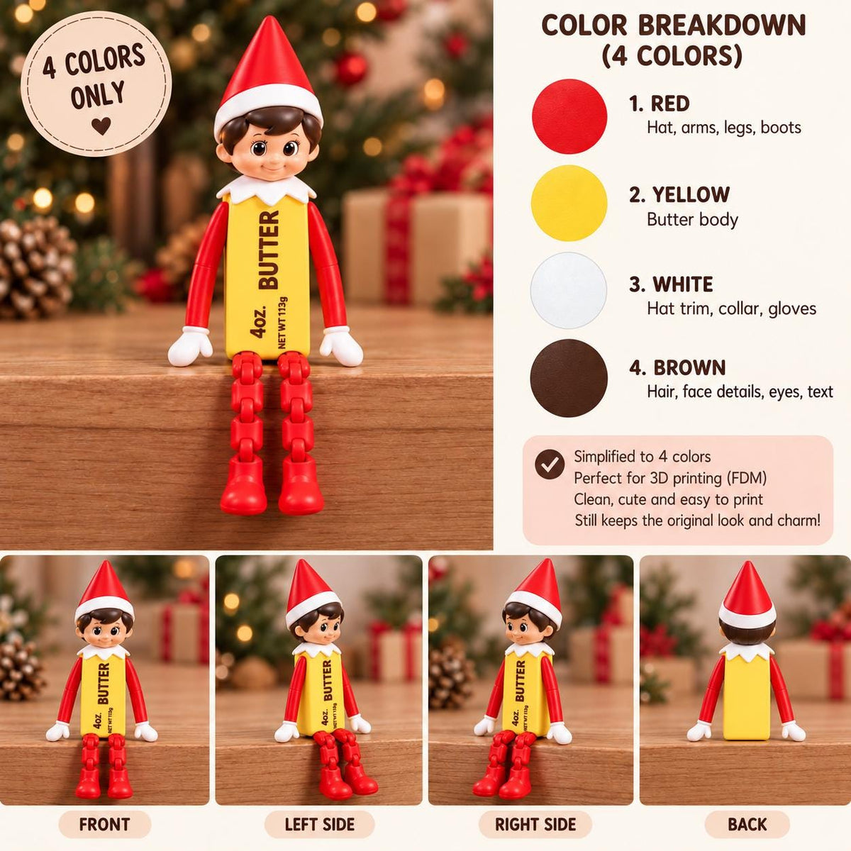 May include: A figurine shaped like a butter stick with a red hat, white collar and gloves, and red boots. The yellow body features the text BUTTER and 4oz. NET WT 113g. The figure has brown hair and articulated red arms and legs.