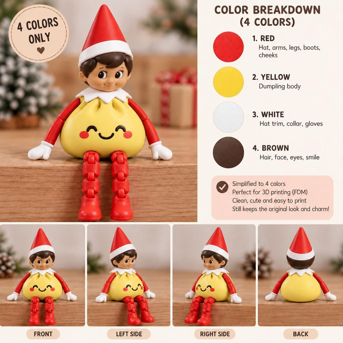 May include: A figurine with a red hat, white collar, yellow dumpling-shaped body, and brown hair. The figure has red arms, legs, and boots with white gloves. Text includes COLOR BREAKDOWN, 4 COLORS, RED, YELLOW, WHITE, and BROWN.
