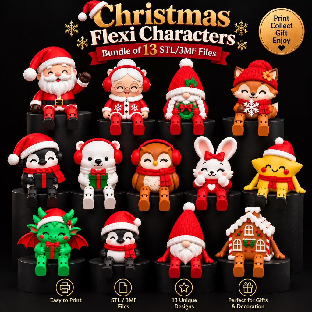 May include: A collection of 13 Christmas-themed articulated figurines including Santa, Mrs. Claus, gnomes, a fox, a penguin, a polar bear, an owl, a rabbit, a star, a dragon, and a gingerbread house, all featuring red and white holiday accessories.