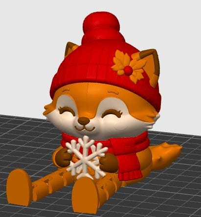 May include: A 3D rendered orange fox figurine with a white face and belly, wearing a red knit-style hat with a pom-pom and a leaf accent, and a red scarf. The fox is sitting down and holding a white snowflake-shaped object in its dark brown paws.