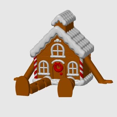 May include: A brown gingerbread house figurine with white icing trim on the roof and windows. The house features red and white candy cane pillars, a red wreath on the door, and brown articulated arms and legs extending from the sides.