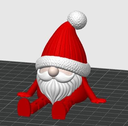 May include: A 3D rendered figurine of a gnome wearing a bright red hat with a white textured pom-pom and a white brim. The gnome has a large white mustache and beard, a round nose, and red limbs extending outward while in a seated position.