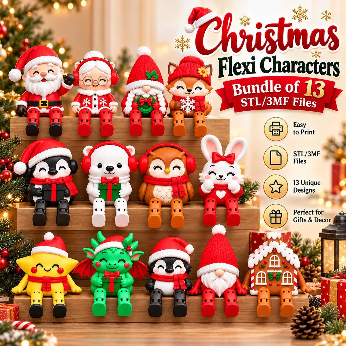 May include: A collection of 13 Christmas-themed flexi character figurines, including Santa, a gnome, a fox, a penguin, a polar bear, an owl, a rabbit, a star, a dragon, and a gingerbread house, all featuring articulated legs and holiday accessories.