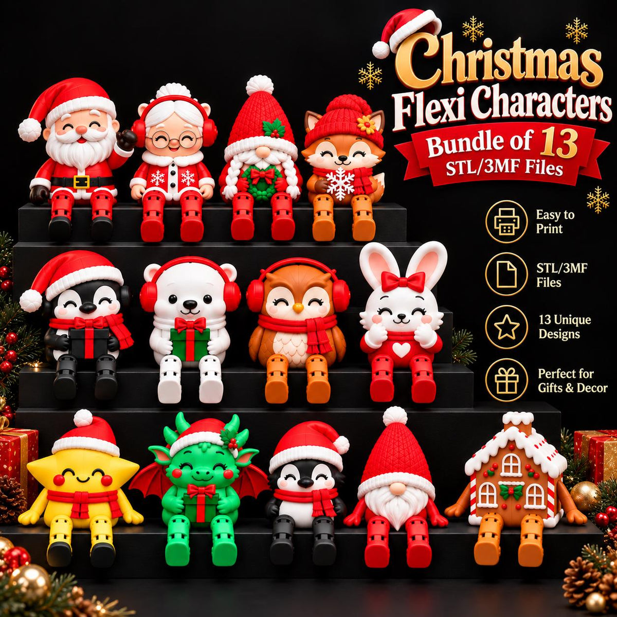 May include: A collection of 13 Christmas-themed flexi character figurines, including Santa, a gnome, a fox, a penguin, a polar bear, an owl, a rabbit, a star, a dragon, and a gingerbread house, all featuring articulated legs and holiday accessories.