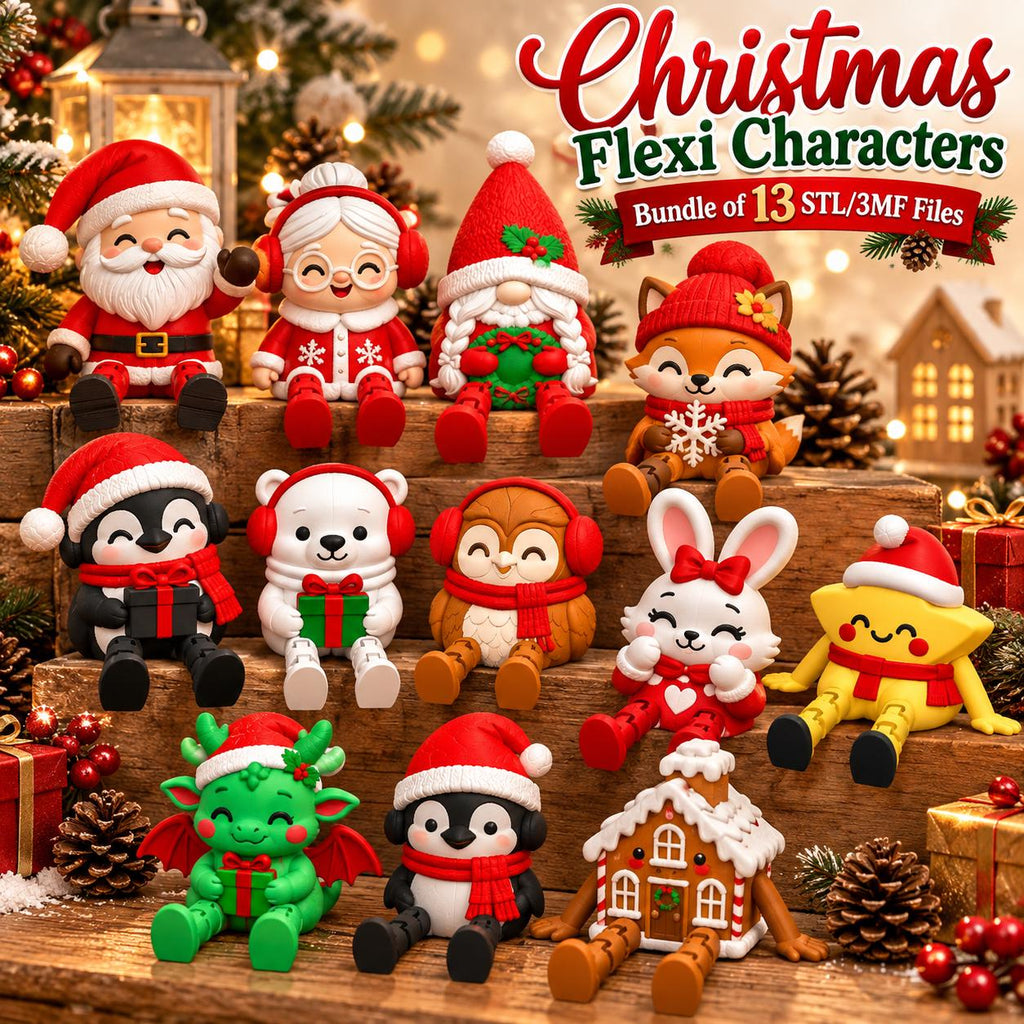 May include: A collection of 13 Christmas Flexi Characters including Santa, Mrs. Claus, a gnome, fox, penguin, polar bear, owl, rabbit, star, dragon, and gingerbread house. The text reads Christmas Flexi Characters Bundle of 13 STL/3MF Files.