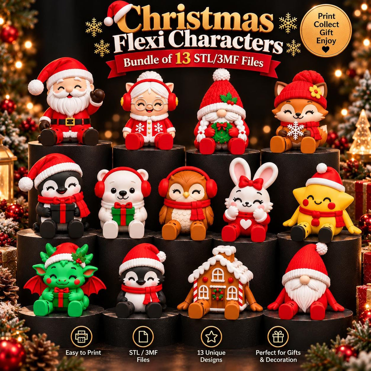 May include: A digital collection of 13 Christmas Flexi Characters featuring Santa, Mrs. Claus, gnomes, a fox, penguin, polar bear, owl, rabbit, star, dragon, and gingerbread house. The text reads Christmas Flexi Characters Bundle of 13 STL/3MF Files.