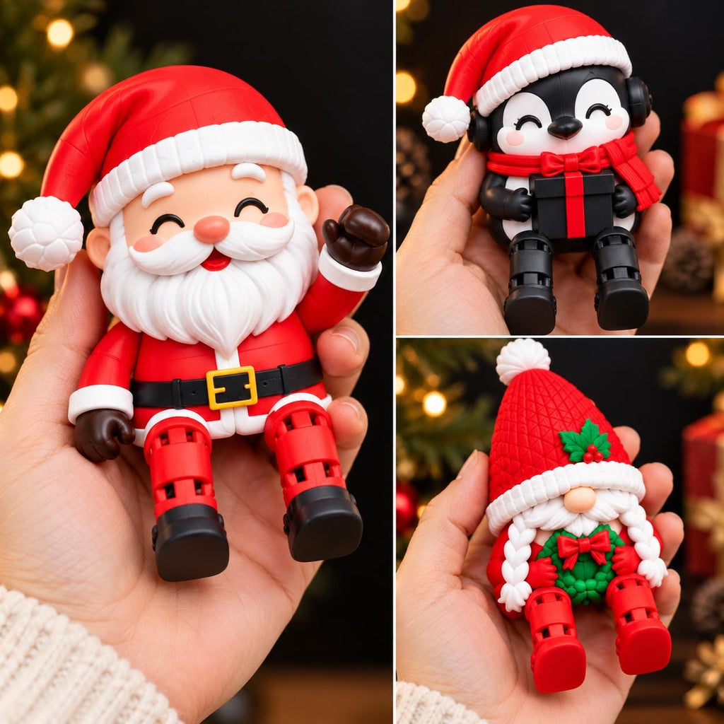 May include: A set of three small articulated holiday figurines including a Santa Claus with a red suit and white beard, a penguin wearing a red hat and scarf holding a black gift, and a gnome with a red textured hat holding a green wreath.