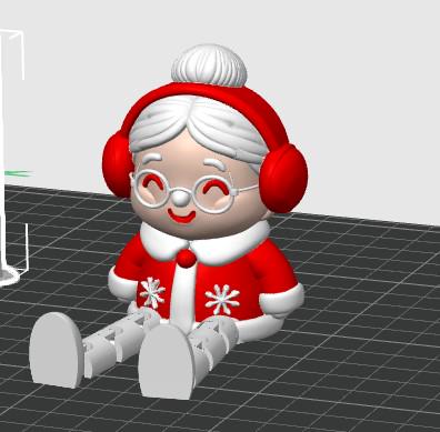 May include: A 3D rendered figurine of a character with white hair in a bun, wearing red earmuffs, round glasses, and a red coat with white trim and snowflake patterns. The character has a smiling expression and light gray articulated legs.