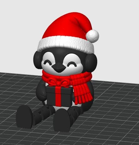 May include: A 3D rendered figurine of a black and white penguin sitting down. The penguin wears a red Santa hat with a white trim and a red scarf. It has black earmuffs and is holding a small black gift box tied with a red ribbon in its hands.