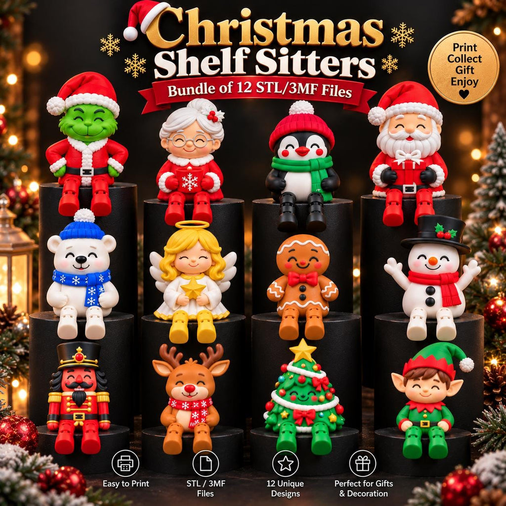 May include: A digital bundle of 12 Christmas shelf sitter figurines including a green creature, Mrs. Claus, a penguin, Santa, a polar bear, an angel, a gingerbread person, a snowman, a nutcracker, a reindeer, a tree, and an elf.