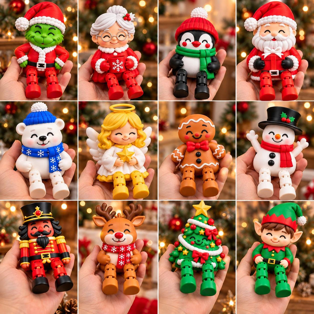 May include: A collection of twelve small, articulated Christmas-themed figurines including a green character, Mrs. Claus, a penguin, Santa Claus, a polar bear, an angel, a gingerbread person, a snowman, a nutcracker, a reindeer, a tree, and an elf.