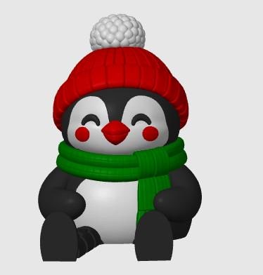 May include: A small penguin figurine with a black and white body, wearing a bright red knit-style hat with a white pom-pom on top. The penguin has a red beak, red circular cheeks, and a green scarf wrapped around its neck, sitting in a seated position.