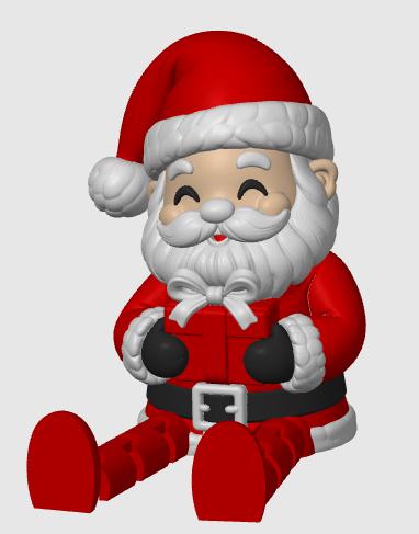 May include: A seated Santa Claus figurine wearing a red suit with white trim, a matching red hat, and a black belt with a white buckle. The figure has a white beard, black gloves, and is holding a small red gift box with a white bow in its hands.