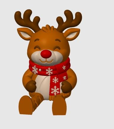 May include: A brown reindeer figurine with large antlers, a bright red nose, and a closed-eye smiling expression. The reindeer wears a red scarf featuring a white snowflake pattern around its neck and has a cream-colored belly and muzzle.