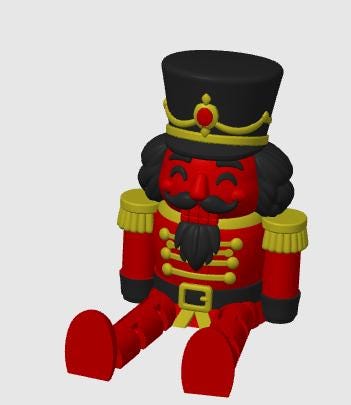 May include: A red nutcracker figurine with a black hat, black hair, and a black beard. The figure features gold epaulets, a gold belt buckle, and gold trim on the hat. It has a smiling face with closed eyes and is depicted in a seated position.
