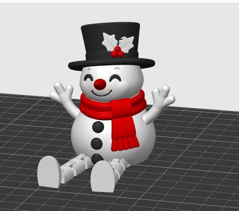 May include: A white snowman figurine with a black top hat featuring white holly leaves and red berries. The snowman wears a bright red scarf, has a red nose, three black buttons on its torso, and articulated white arms and legs in a seated pose.