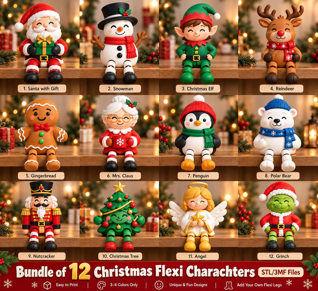 May include: A collection of 12 Christmas-themed flexi characters including Santa, a snowman, an elf, a reindeer, a gingerbread person, Mrs. Claus, a penguin, a polar bear, a nutcracker, a tree, an angel, and a green character, labeled as a bundle.