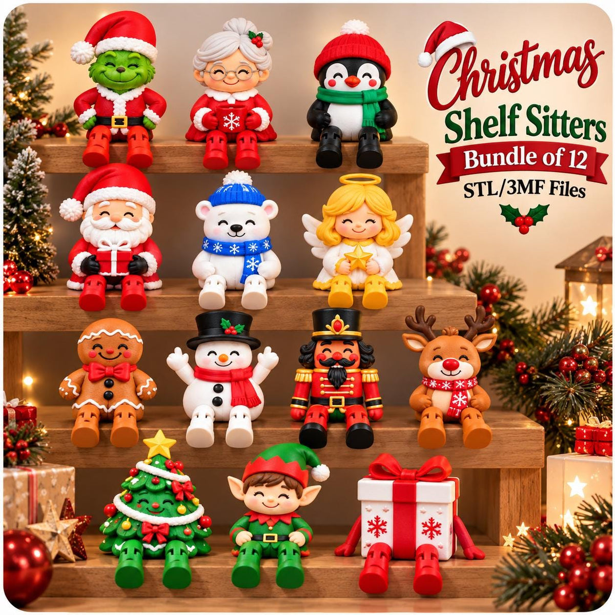 May include: A bundle of 12 Christmas shelf sitter figurines including a green creature, grandmother, penguin, Santa, polar bear, angel, gingerbread person, snowman, nutcracker, reindeer, Christmas tree, and gift box with the text Christmas Shelf Sitters.