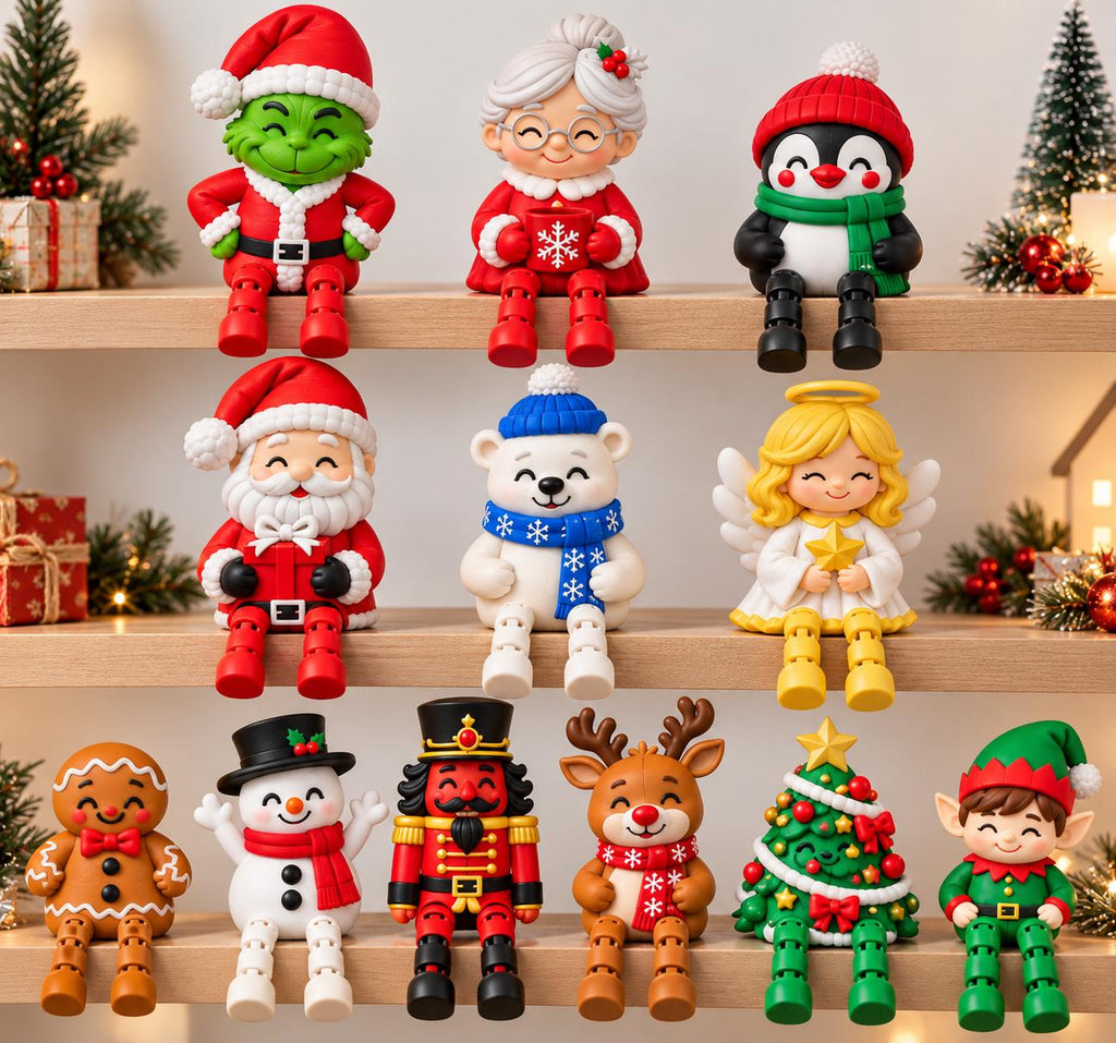 May include: A collection of twelve Christmas-themed shelf-sitting figurines including a green character, Mrs. Claus, a penguin, Santa Claus, a polar bear, an angel, a gingerbread person, a snowman, a nutcracker, a reindeer, a tree, and an elf.
