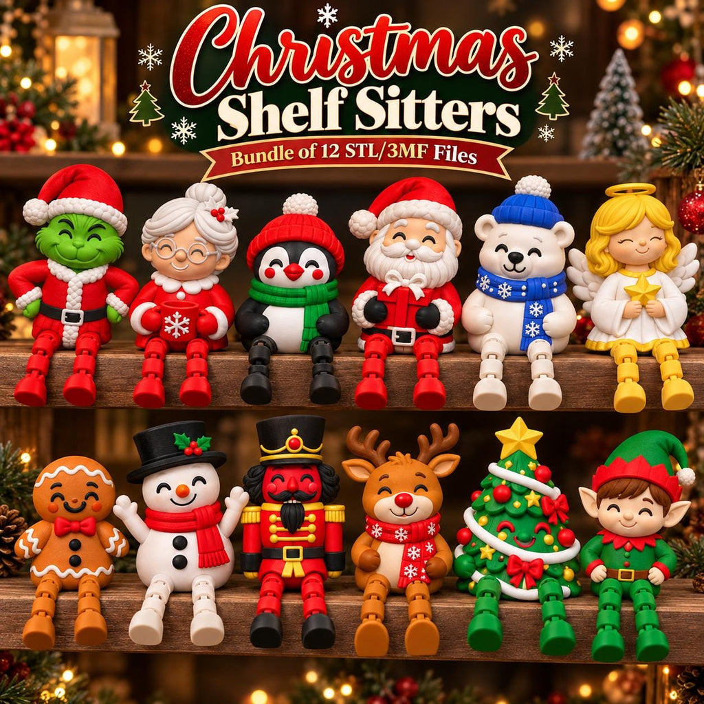 May include: A digital collection of 12 Christmas shelf sitter figurines including a green creature, Mrs. Claus, a penguin, Santa, a polar bear, an angel, a gingerbread person, a snowman, a nutcracker, a reindeer, a tree, and an elf.