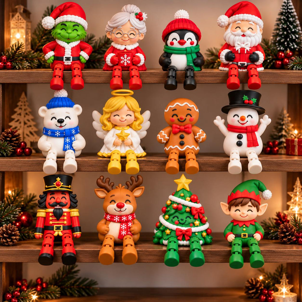 May include: A collection of twelve Christmas-themed shelf-sitting figurines arranged on three wooden shelves. The figures include a Grinch, Mrs. Claus, a penguin, Santa Claus, a polar bear, an angel, a gingerbread person, a snowman, a nutcracker, a reindeer, a decorated Christmas tree, and an elf.