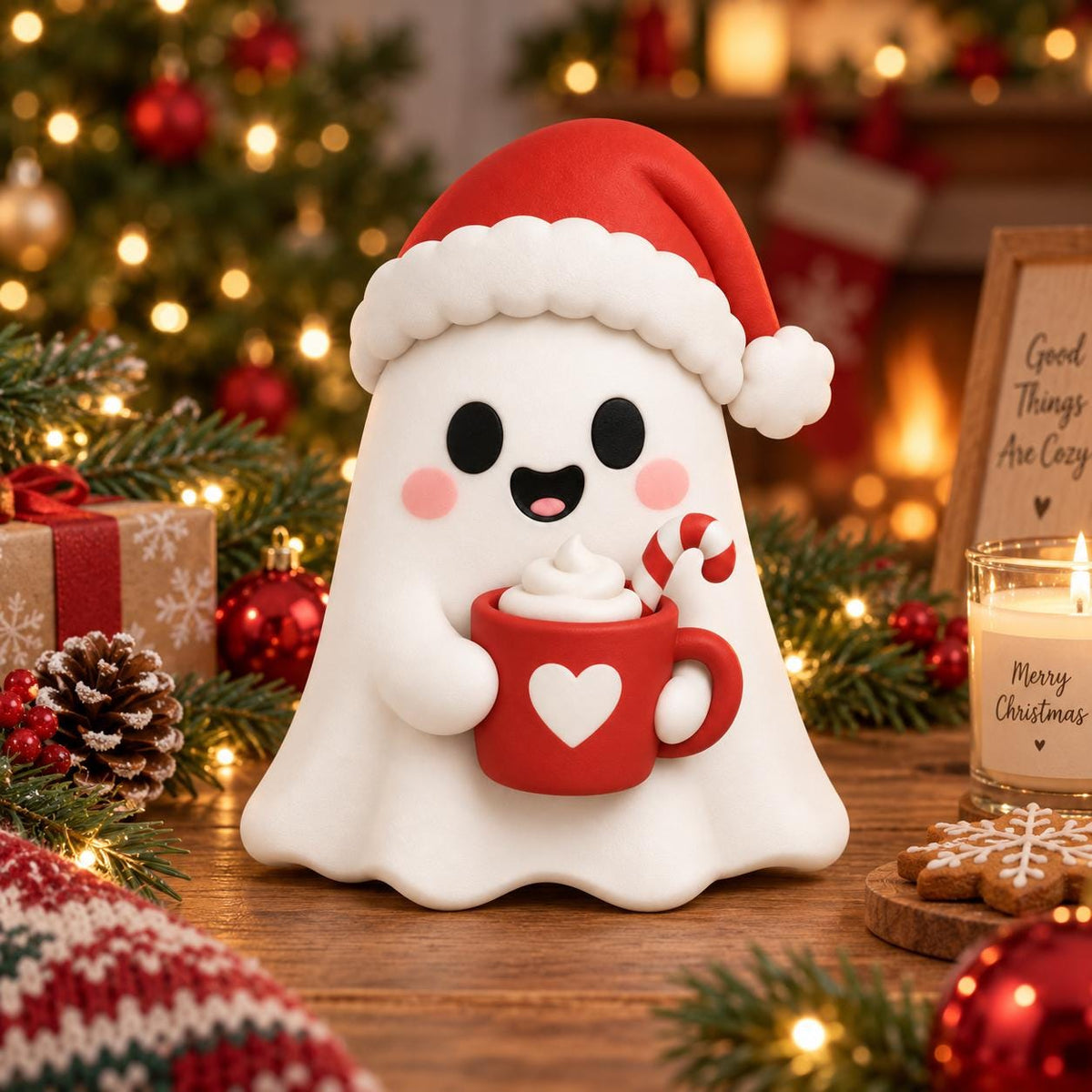 May include: A white ghost figurine wearing a red Santa hat with a white trim. The ghost has black eyes, pink cheeks, and a wide smile. It holds a red mug with a white heart, filled with whipped cream and a red and white candy cane.