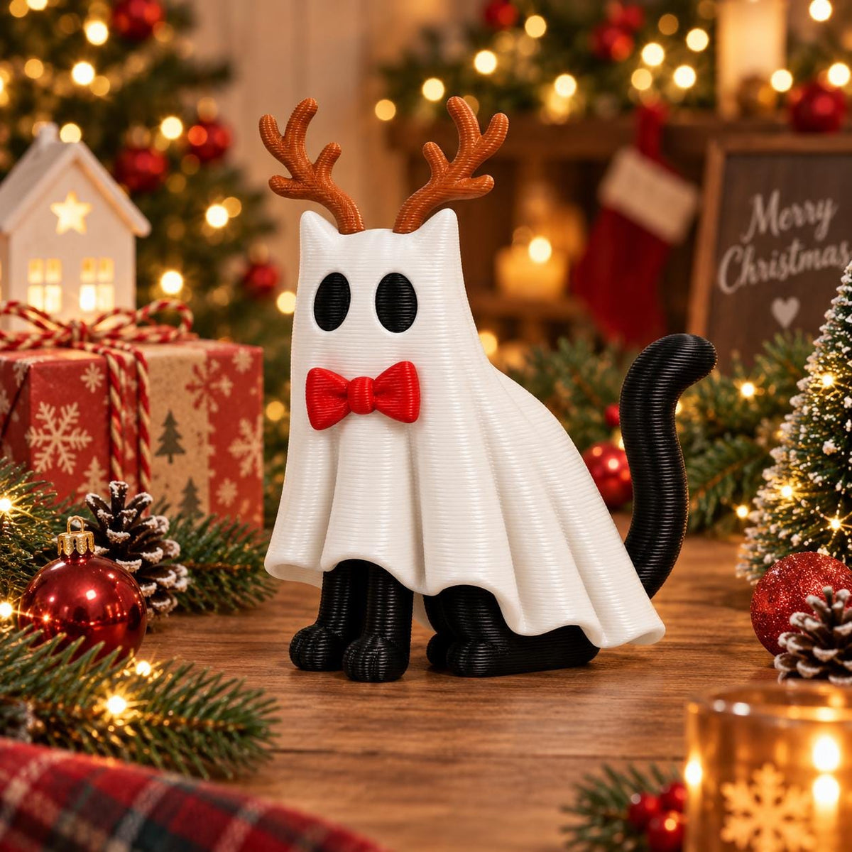 May include: A 3D printed figurine of a black cat wearing a white ghost sheet, brown reindeer antlers, and a red bow tie. The cat has black paws and a black tail visible beneath the white sheet. The figurine features a smooth, layered texture.