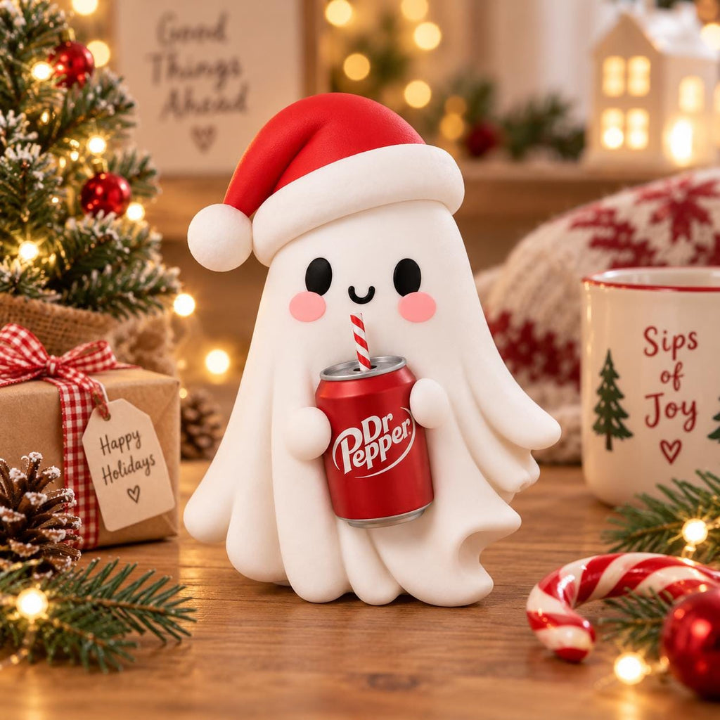 May include: A white ghost figurine wearing a red Santa hat with a white pom-pom. The ghost has black eyes, a small smile, and pink cheeks. It is holding a red Dr Pepper soda can with a red and white striped straw sticking out of the top.