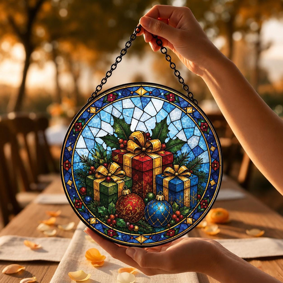 May include: A circular stained glass suncatcher featuring a festive holiday scene with three wrapped gift boxes in red, green, and blue, accented by gold ribbons, holly leaves, red berries, and two decorative Christmas ornaments in red and blue.