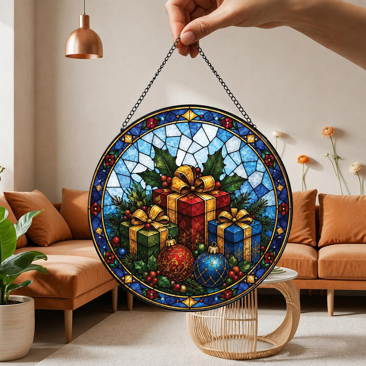 May include: A circular stained glass suncatcher featuring a festive holiday scene with three wrapped gift boxes in red, green, and blue, surrounded by holly leaves, berries, and two decorative ornaments, all enclosed in a blue geometric border.