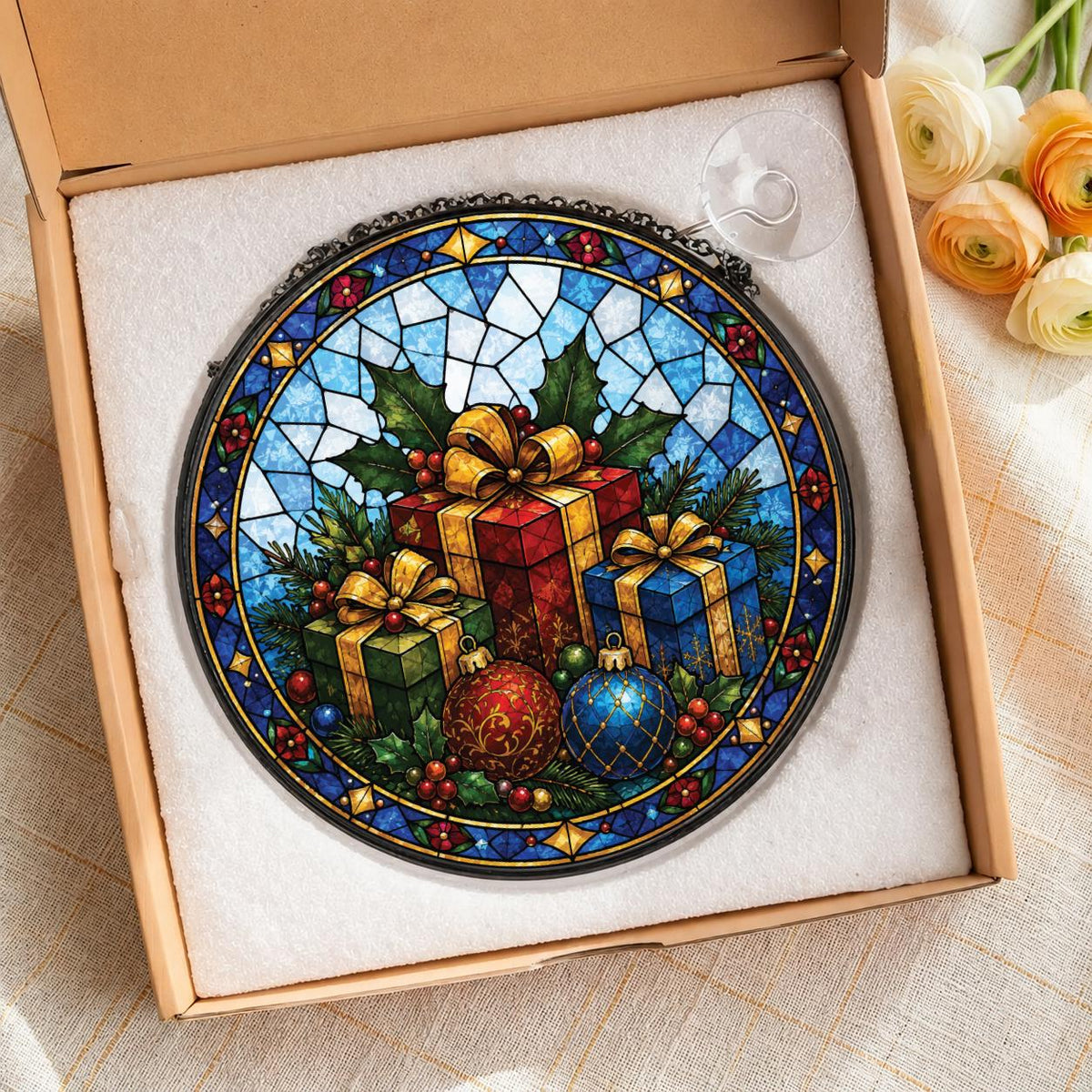 May include: A circular stained glass suncatcher featuring a holiday scene with three wrapped gift boxes, red and blue ornaments, and green holly leaves against a blue geometric background, enclosed in a black frame with a clear suction cup.