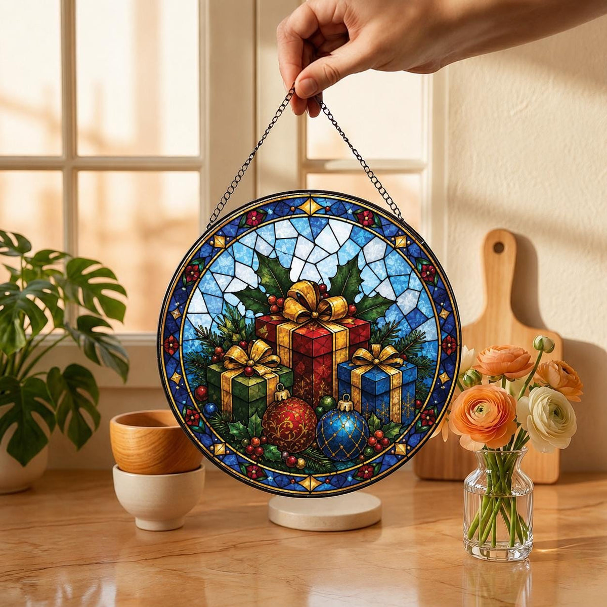 May include: A circular stained glass suncatcher featuring a festive holiday scene with three wrapped gift boxes in red, green, and blue, accented by gold ribbons, holly leaves, and two decorative ornaments, all framed by a blue geometric border.