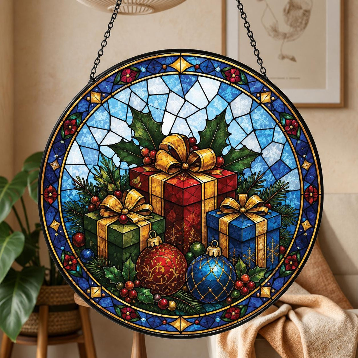 May include: A circular stained glass suncatcher featuring a festive holiday scene with three wrapped gift boxes in red, green, and blue, adorned with gold ribbons. Two decorative ornaments and holly leaves surround the gifts against a blue background.